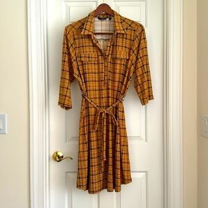 Mlle Gabrielle Dress Size 3X Cream Plaid Waist Tie Collar 3/4 Sleeves